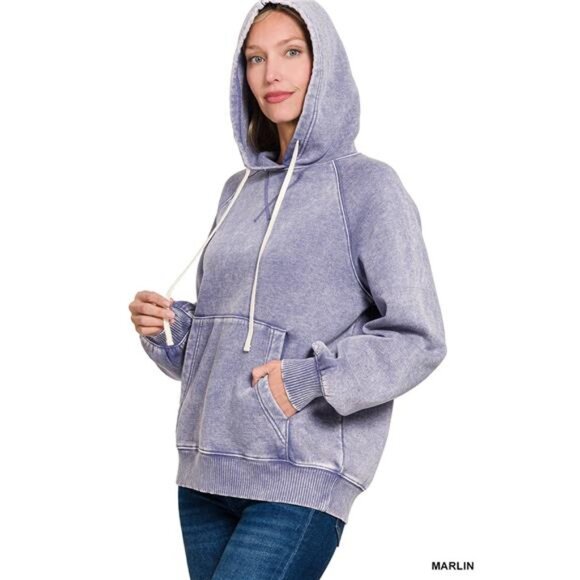✨NWT Zenana Acid Wash Fleece Hoodie with Kangaroo Pocket - Picture 2 of 3
